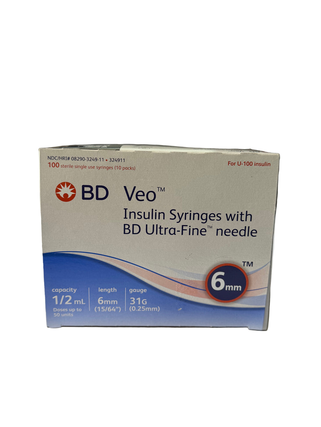 BD Veo Insulin Syringes 1/2 mL – 6mm, 31G Ultra-Fine Needle (100 Count)