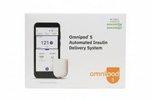 Load image into Gallery viewer, Omnipod 5 G6 G7 intro kit with controller and insulin pods
Omnipod 5 intro kit packaging showing contents and product details
Omnipod 5 automated insulin delivery system retail box back view
Omnipod 5 simplify life packaging side view

